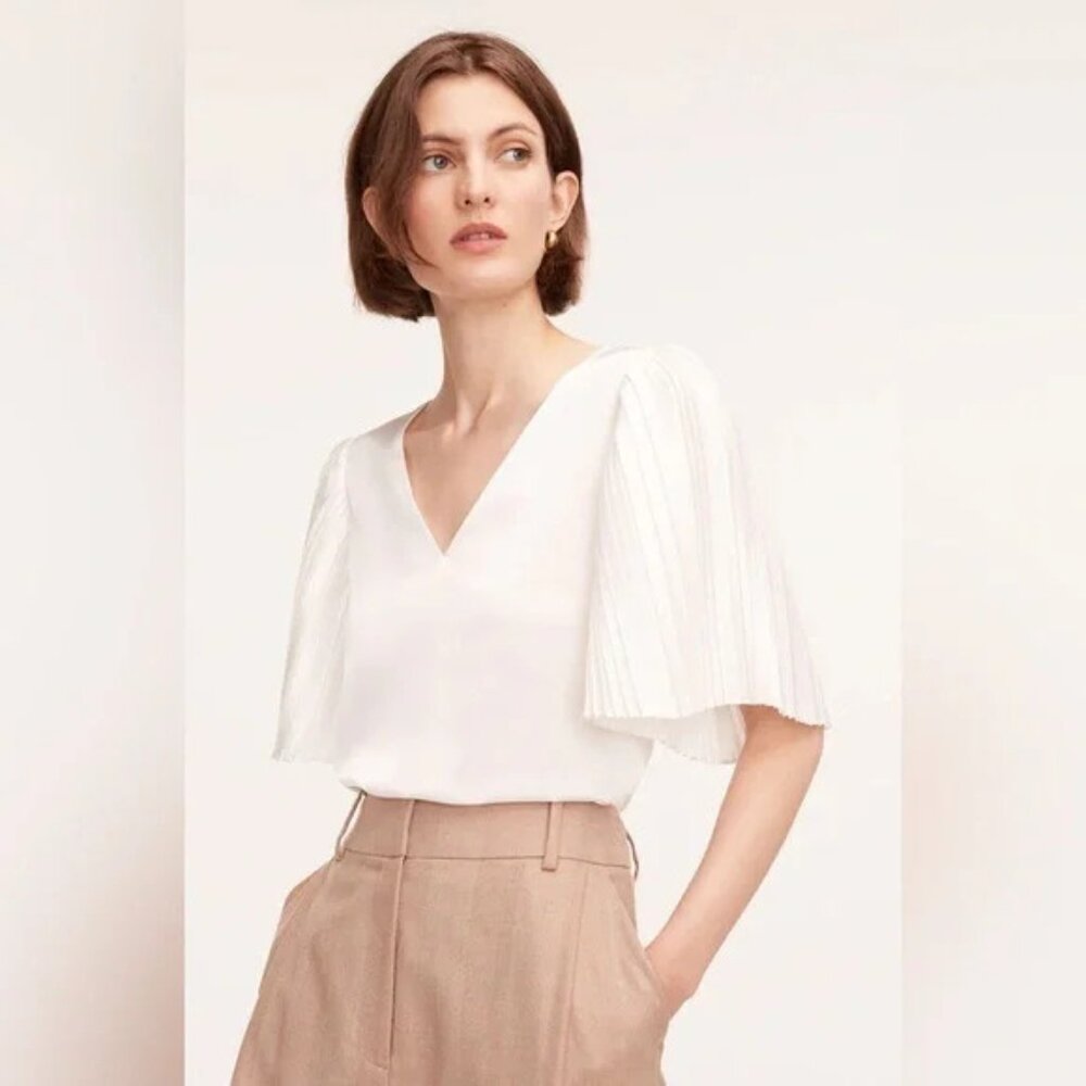 Rebecca Taylor Women's White Pleated-Sleeve V-Neck Blouse Top Size XS